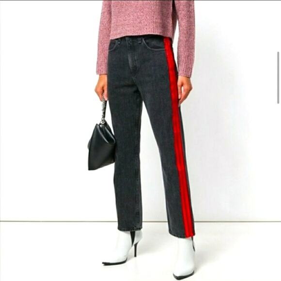 rag & bone Women's Jeans Size 23 Black Red Vinyl Side Striped High Waist Pants - Picture 2 of 12